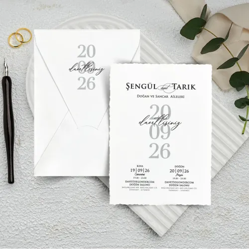 Beyaz Zarflı Dikey Düğün Davetiyesi - 1009 | davetiyegonder.com