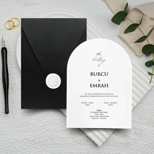 Mühürlü Siyah Zarflı Dikey Düğün Davetiyesi - 1030 | davetiyegonder.com