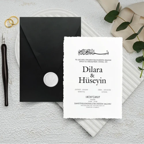 Mühürlü Siyah Zarflı Dikey Düğün Davetiyesi - 1032 Mühürlü Siyah Zarflı Dikey Düğün Davetiyesi - 1032 | davetiyegonder.com