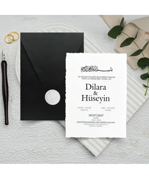 Mühürlü Siyah Zarflı Dikey Düğün Davetiyesi - 1032