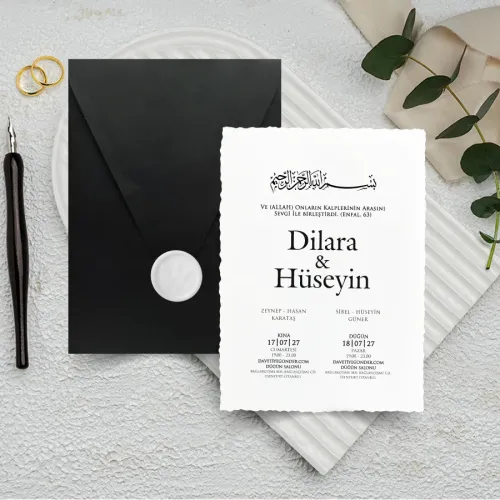 Mühürlü Siyah Zarflı Dikey Düğün Davetiyesi - 1032 Mühürlü Siyah Zarflı Dikey Düğün Davetiyesi - 1032 | davetiyegonder.com