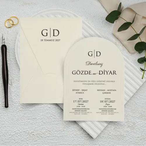 Krem Zarflı Dikey Düğün Davetiyesi - 1045 | davetiyegonder.com