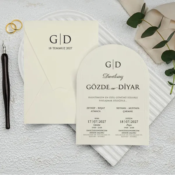 Krem Zarflı Dikey Düğün Davetiyesi - 1045 Krem Zarflı Dikey Düğün Davetiyesi - 1045