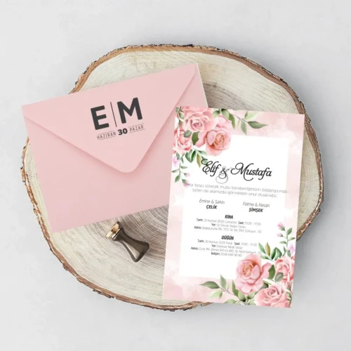Pembe Zarflı Davetiye - PZ26107 | Pembe Düğün Davetiyesi | davetiyegonder.com