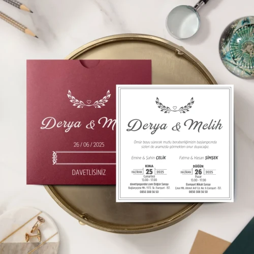 Bordo Kare Davetiye - BK42623 Bordo Kare Davetiye - BK42623 | Herşey Dahil | davetiyegonder.com